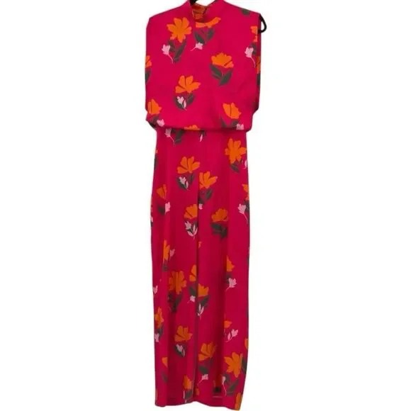 Zara Pink Orange Floral Mock Neck Sleeveless Open Back Cutout Jumpsuit Size XS - Picture 2 of 6